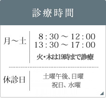 診療時間: 月～土:8:30～12:00 13:30～17:00 休診日：水曜、土曜午後、日曜、祝日、第５土曜日